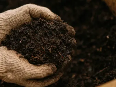 hands wearing gloves holding soil