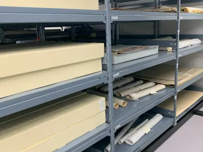 Shelf full of documents and boxes