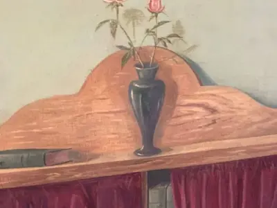 painted mural of pink flower in a vase on wall