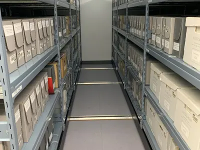 tall shelves full of boxes of documents