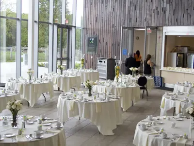 round tables set for wedding dinner